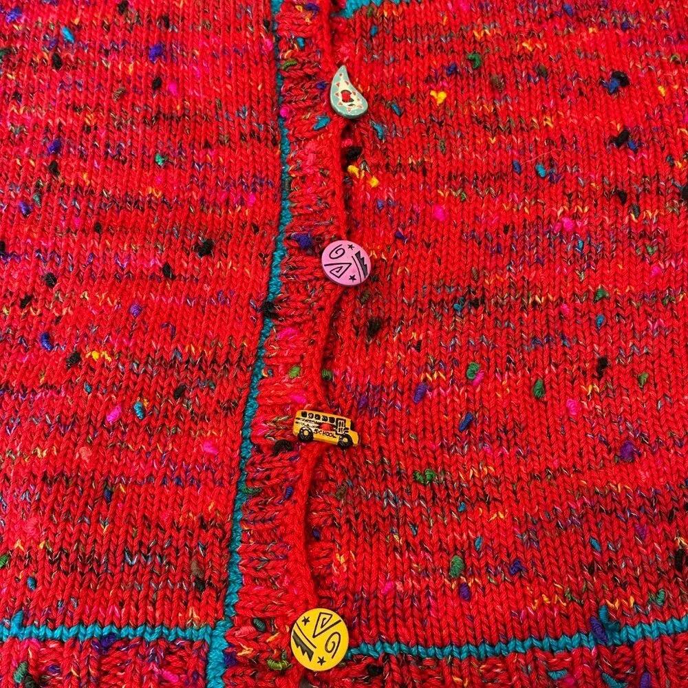 Handknit Kids Red Button-Up Sweater with Multicolor Accents, Size 10 Kids